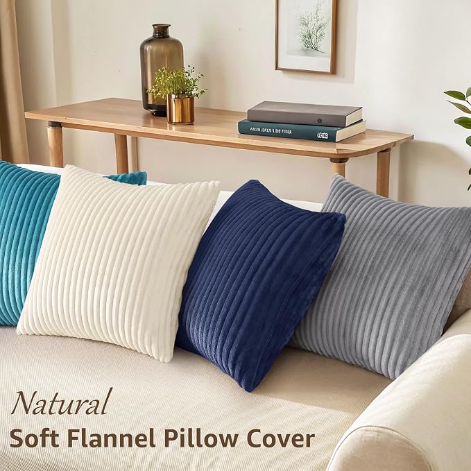 decorUhome Flannel Neutral Teal Throw Pillow Covers 20X20 Set of 4 | Decorative Fall Soft Fluffy Striped Double-Sided Couch Pillow Covers, Modern Farmhouse Pillow Cases for Sofa bed Home Decor
