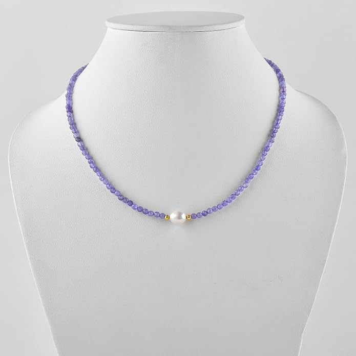 InfinityGemsArt Gemstone Gold Necklace For Women, Birthstone Natural Crystal Stone With Freshwater Pearl Beaded Jewelry, Gold Plated 18 Inch Chain