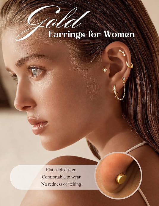 Florideco Flat Back Earrings Hypoallergenic Surgical Steel Earrings for Women Trendy Cartilage Chain Earring 14K Gold Plated Star Heart CZ Flatback Stud Earring Sets for Multiple Piercing