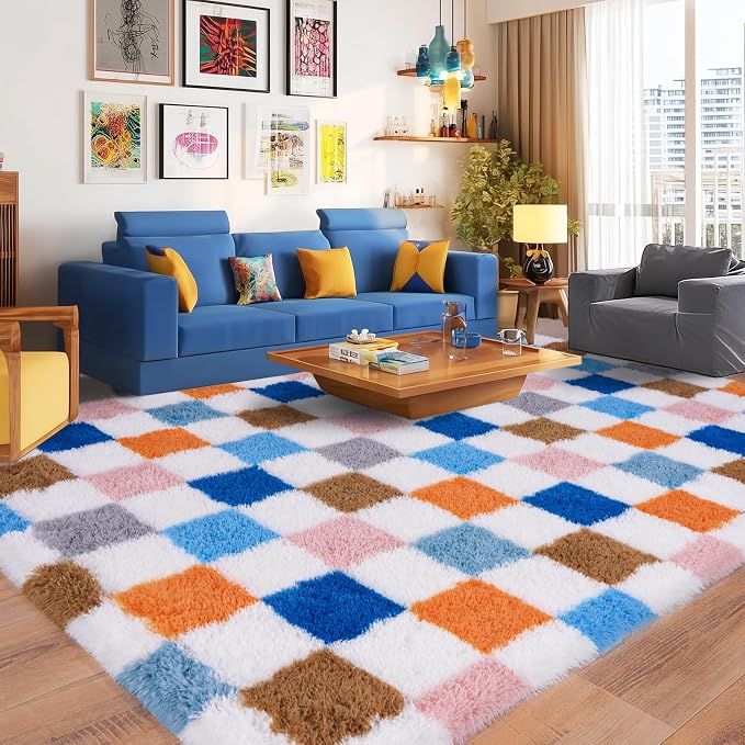 Pionblank 9x12 Area Rug, Large Fluffy Checkered Rugs for Living Room, Shag Rug for Bedroom, Soft Non Slip Shag Carpet for Kids Room Nursery Home Decor, Rainbow