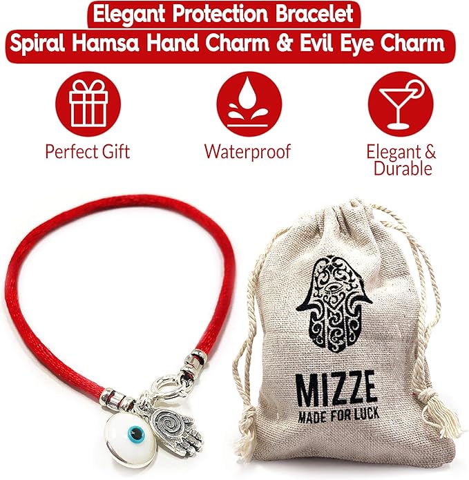 Hamsa Protection Bracelet for Men 8" Length, Red Silk String with Hamsa Hand Charm - Evil Eye Protection Jewelry for Success & Friendship - Gift in Cotton Pouch