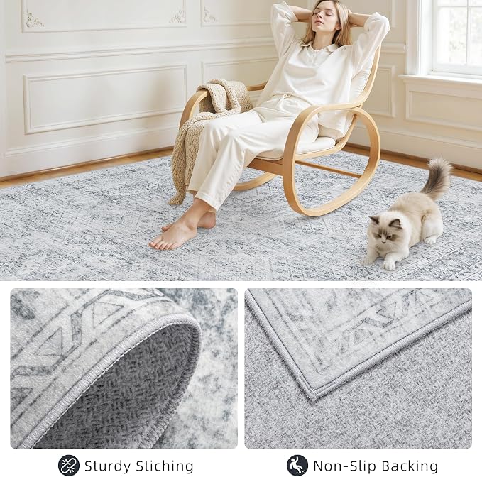 Area Rugs 9x12 Living Room: Vintage Boho Neutral Washable Rug Indoor Soft Large Area Rug Carpet for Bedroom Nursery Farmhouse Dining Room Office Floor Non-Slip Low Pile Under Table Rug Gray