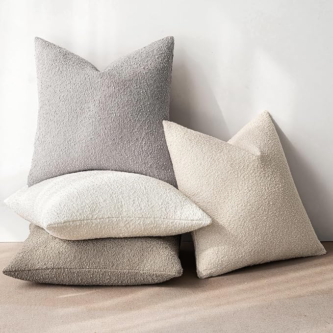 MIULEE Decorative Boucle Throw Pillow Covers 18x18 Inch Neutral Set of 4 | Textured Accent Pillow Cases Soft Couch Cushion Covers for Modern Farmhouse Boho Sofa Bed Livingroom Home Decor