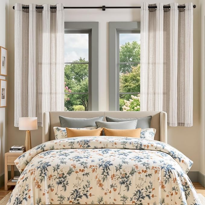 Vangao Linen Striped Curtains for Living Room Bedroom Farmhouse Tickingstripe Light Filtering Window Curtains Printed Drapes Grommet Top 2 Panels Taupe Grey W50 x L63 Inch