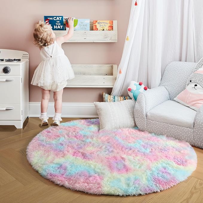 Amdrebio Rainbow Fluffy Round Rug 5Ft Kids Rugs for Girls Bedroom, Unicorn Room Decor, Colorful Pastel Shag Carpet for Playroom Baby Nursery, Cute Furry Kawaii Circle Area Rug for Toddler Princess