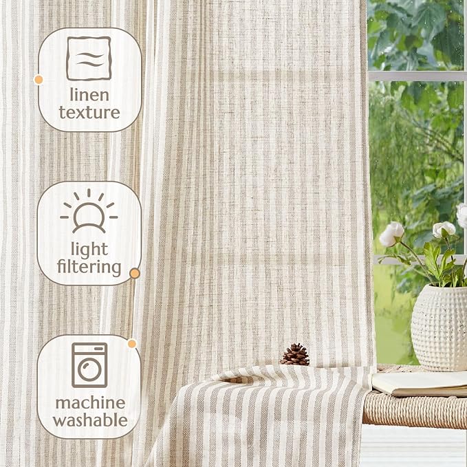 jinchan Linen Curtains 63 Inch Taupe Grey Stripe on Beige Back Tab 2 Panels | Curtains For Living Room Bedroom,Ticking Stripe, Farmhouse Cottage Core Rustic,Rod Pocket Window Treatment,Light Filtering