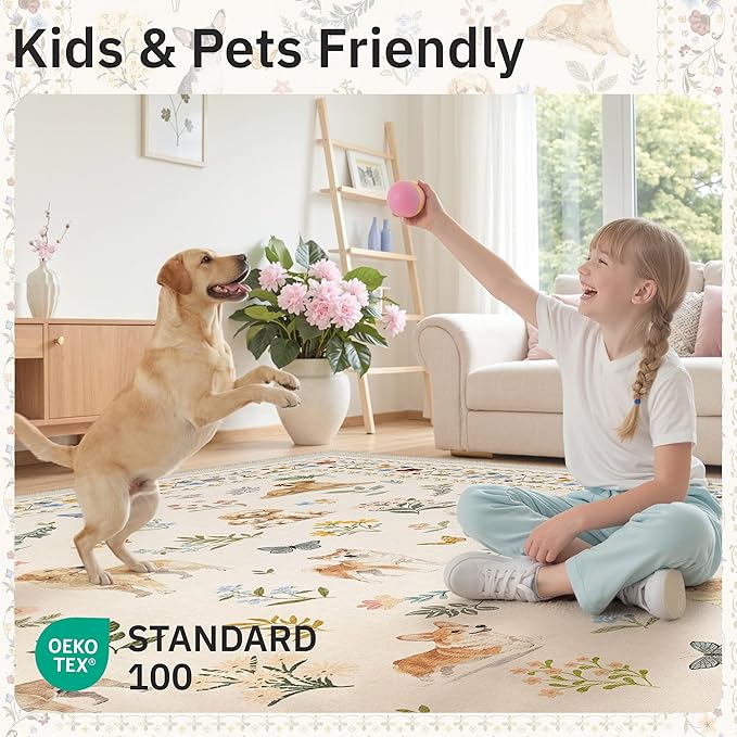 Soalmost Dog 8x10 Area Rugs for Living Room, Washable Animal Soft Rug Beige | Floral Vintage Non-Slip Low Pile Cute Throw Large Rugs for Classroom Bedroom Dining Room Nursery Playroom 8' x 10'
