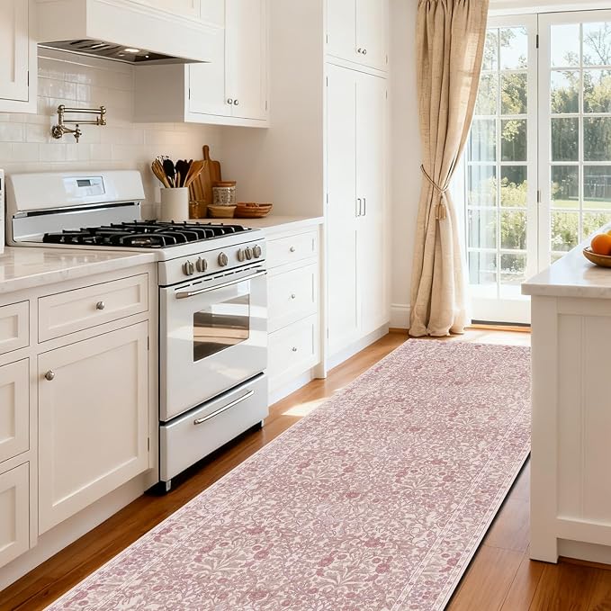 Washable 2' x 6' Runners for Hallways, Non Slip Long Floor Runner for Kitchen, Entryway Indoor, Stain Resistant Rubber Backing Floral Decor Rug (Pink)