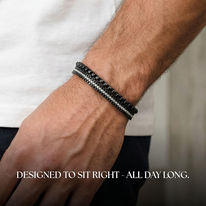 Galis Mens Bracelet - Cuban Link or Box Chain Layered Chain For Men - Premium Stainless Steel, Gift for him, Gold, Silver, Black Bracelet For Men 7-8" Size, 3-5mm Thick