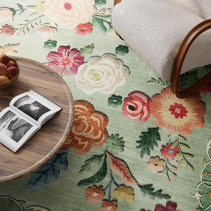 8x10 Area Rugs for Living Room: Washable Bedroom Rug Non Slip Low Pile Soft Faux Wool Non Shedding Lightweight Distressed Vintage Floral Large Carpet Rug for Dining Room Kids Playroom Farmhouse Office