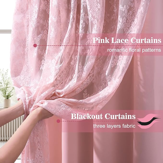 Yinhua Pink Blackout Curtains Double Layer Curtains for Bedroom 84 Inch Length Nursery Curtain for Living Room, Grommet Drapes with Tiebacks, 2 Panels, 52" W x 84" L