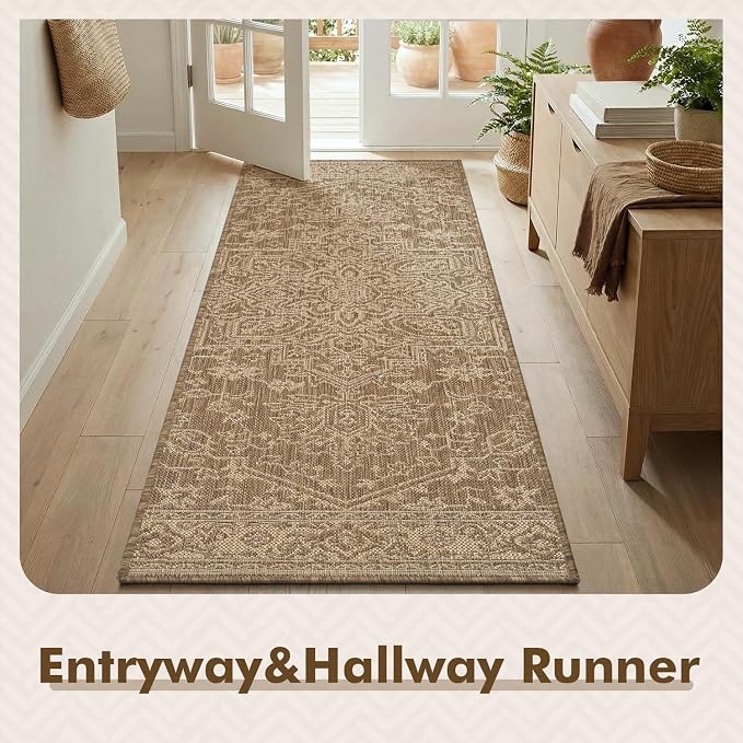 MontVoo-2x6 ft Indoor Outdoor Runner Rugs for Entryway Porch Hallway Kitchen Door Entrance Long, Textured Weave Polypropylene, Durable for High Traffic, Fade-Resistant, Vintage Medallion Neutral Brown