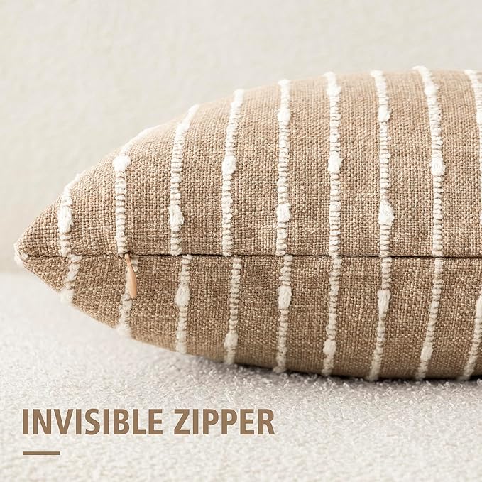 Foindtower Pack of 2 Decorative Jacquard Boucle Throw Pillow Covers Accent Textured Striped Pillowcases Soft Cozy Boho Modern Cushion for Couch Sofa Bedroom Living Room Home Decor 22x22 Inch Camel