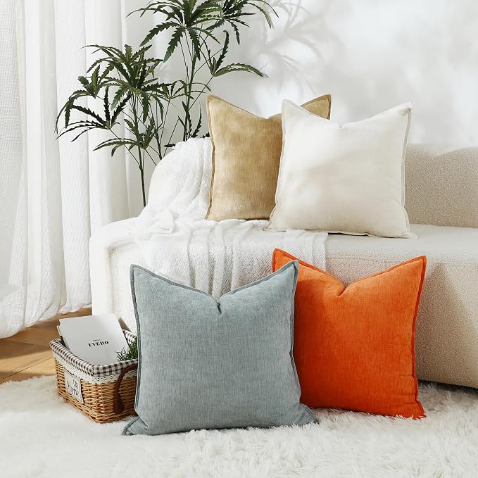 Stellhome Pack of 2 Soft Textured Throw Decorative Pillow Covers Square Accent Solid Chenille Cushion Cover Cozy Farmhouse Pillow Case for Couch Sofa Bedroom Living Room 26x26 Inch, Aqua Haze