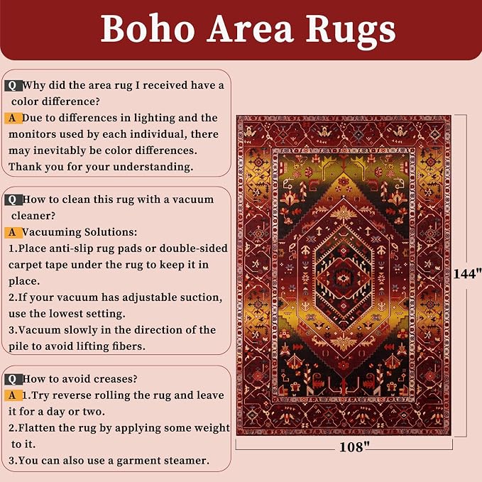 SERISSA 9x12 Area Rugs for Living Room, Large Washable Non-Slip Boho Rug, Ultra Soft Vintage Rustic Red Gold Oriental Tribal Print Distressed Carpet for Dining Room Bedroom Dorm Office Home Decor