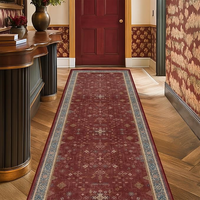 Hazo Haus Non Slip 10ft Long Hallway Runner Rug Burgundy - 2 x 10 Runner Rug, Washable & Waterproof 2x10 Kitchen Floor Mat - Oriental Turkish Dark Red Design Décor