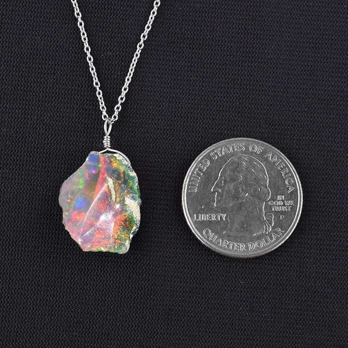 Raw Ethiopian Fir Opal Pendant Necklace for Women, Dainty Pendant, Handmade October Birthstone, Hypoallergenic Spiritual Healing Stone 925 Sterling Silver Chain 20" Birthday Gifts