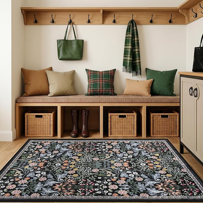 Area Rug Living Room Rugs: Floral 3x5 Washable Rug Vintage Soft Boho Non-Slip Carpet Indoor Floor Stain Resistant Large Carpets for Bedroom Dining Room Farmhouse Nursery Hallway Dark Black