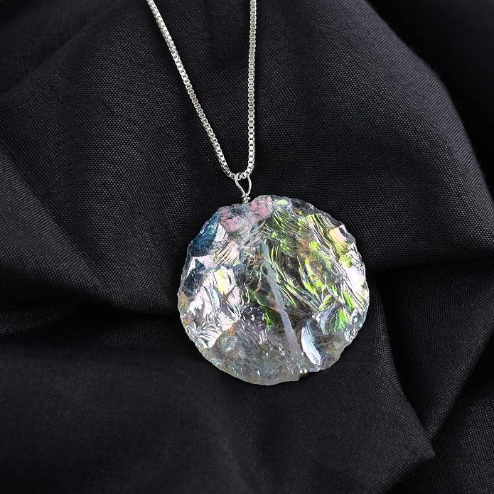 YANARA Aura Quartz Necklace For Women, April Birthstone, Natural Gemstone Rough, Raw Crystal Handmade Necklace, Chakra Healing Crystals, Silver Plated Chain 18 inch - Graduation Gift Jewelry