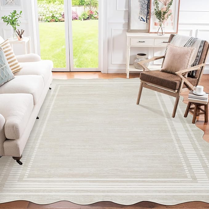 Garvee Washable Area Rug 4x6 Scalloped Rugs for Living Room Solid Carpet 4x6 Rugs for Bedroom Nursery Dining Room Table Non-Slip Stain Resistant Entryway Rug Beige | Rugs for Living Room, Non-Slip Soft Carpet for Bedroom, Scalloped Low-Pile Solid Rug A...