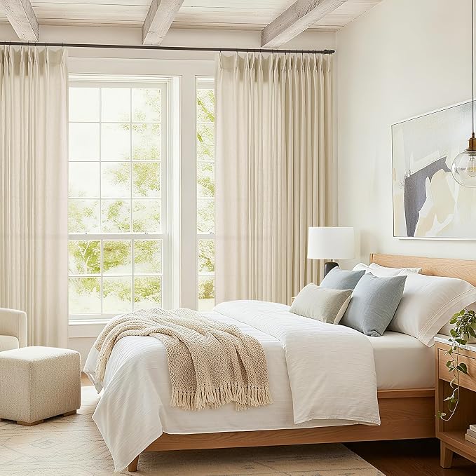 Beige Patio Sliding Door Pleated Curtains 100 Width 102 Inches Long | Extra Wide, Pinch Pleated Drape, Hooks Rings, Light Filtering Semi Sheer, Farmhouse, 100x102 Curtain, for Living Dining Room