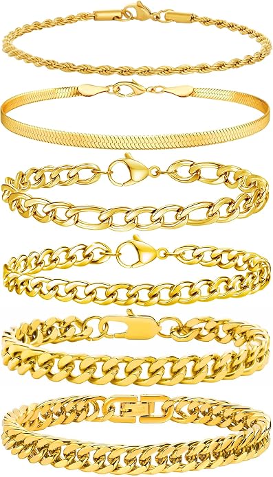 Zocomi 6 Pcs Chain Bracelet for Men, Stainless Steel Cuban Curb Link Rope Paperclip Figaro Herringbone Chain Bracelets Set Jewelry Gifts for Man Woman Boys 7.5/8.3/9 Inches
