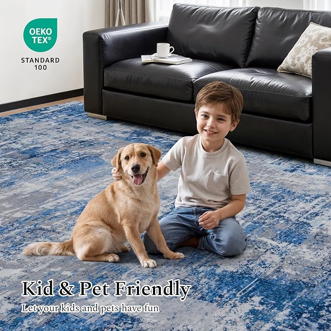 Rugflix 5x7 Area Rugs for Living Room, Washable Large Rug Stain-Resistant Low Pile, Modern Dark Carpet for Dining Room Home Office Kid Room Nursery Bedroom, Blue Grey