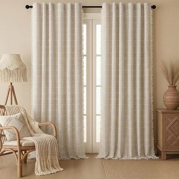 Boho Blackout White Plaid Curtains 96 Inch Beige Linen Blend Drapes with Tassels 2 Panels, Cotton Embroidered Farmhouse Curtains for Living Room Bedroom Rustic Vintage Decor
