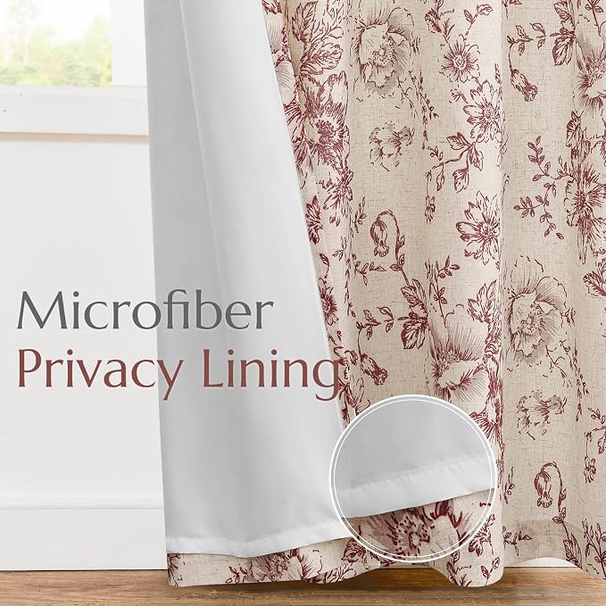 jinchan Red Floral Linen Curtains Lined 84 Inch Farmhouse Back Tab 2 Panels | Privacy lining, light filtering drapes, vintage, cottagecore, french country, rustic, bedroom, living room, window treatment