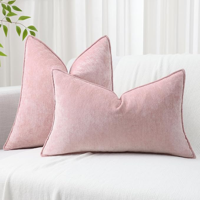 decorUhome Chenille Blush Pink Velvet Throw Pillow Covers 16x16 Set of 2 | Fall Soft Couch Decorative Modern Farmhouse Pillow Cases with Elegant Design for Sofa Bed Living Room Home Decor