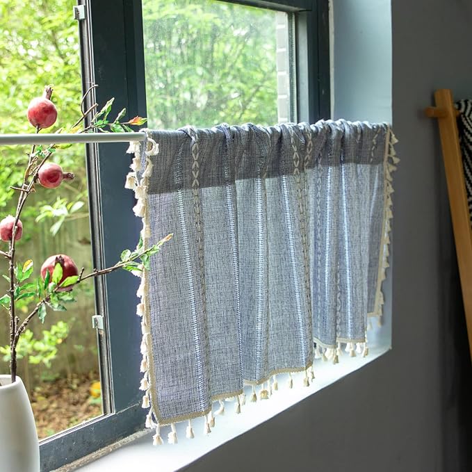 ColorBird Boho Kitchen Short Cafe Curtains 36 inch Length 2 Panels, Blue Striped Light Filtering Valances, Embroidered Window Curtains Over Sink for Laundry Room RV Camper