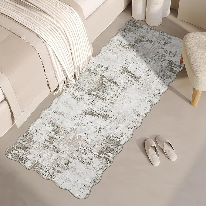 ROYHOME 2x6 Modern Abstract Scalloped Runner Rug Non Slip Soft Stain Resistant Low Pile Machine Washable Non Shed Rug for Hallway Kitchen Bathroom, Taupe