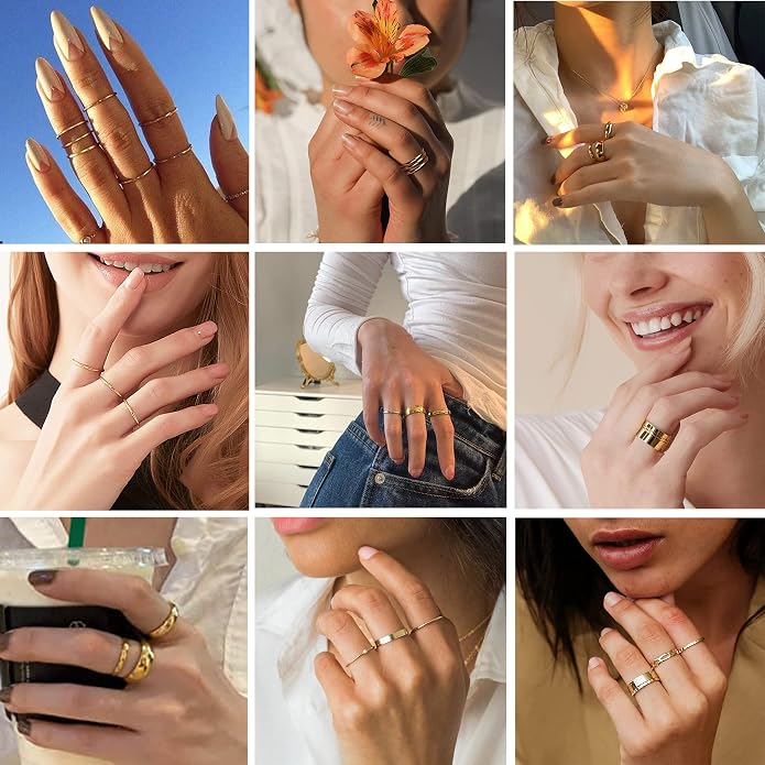 LOYALLOOK 8Pcs Gold Rings Stainless Steel Stacking Rings for Women Statement Bands Plain Finger Ring Thumb Pointer Ring Stackable Thin Gold Ring Set Comfort Fit Size 5 to 10