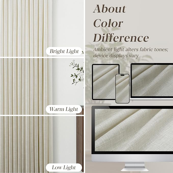 Beige Pleated Linen Curtains 102 Inch Length 2 Panels Set Semi Sheer Light Filtering Light Tan Window Drapes for Living Room Modern Viral Pinch Pleated Curtains 102 Inches with Hooks Rings Clips