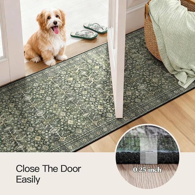 Lofus 3' X 8' Area Rug for Hallways,Green Washable Runner Rugs with Non Slip Rubber Backing, Low Pile Soft Carpet Runner for Kitchen Bathroom Bedroom Laundry