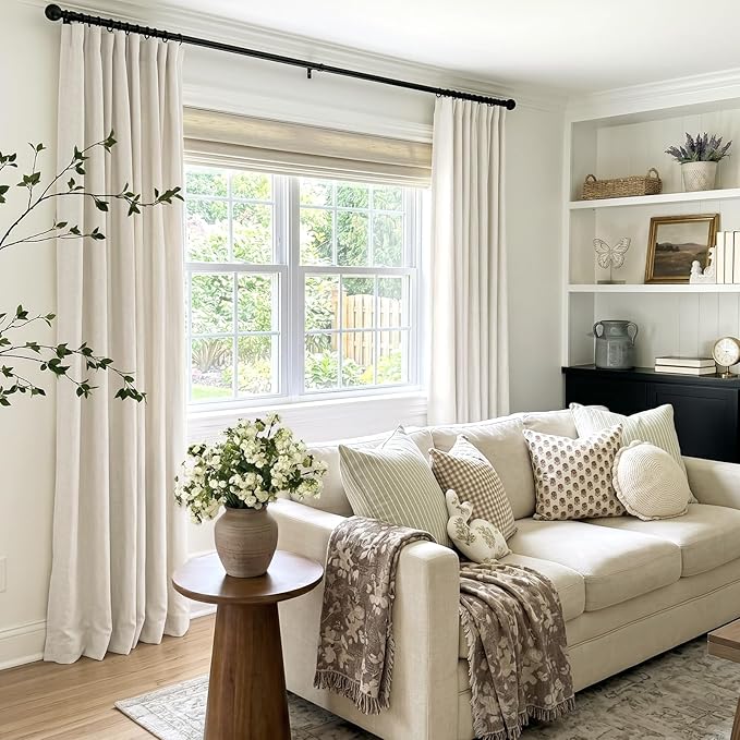 INOVADAY 100% Blackout Curtains for Bedroom, Black Out Curtains 80 Inch Long, Clip Rings Linen Blackout Drapes, Thermal Insulated Room Darkening for Living Room, 2 Panels - Beige White,W50xL80
