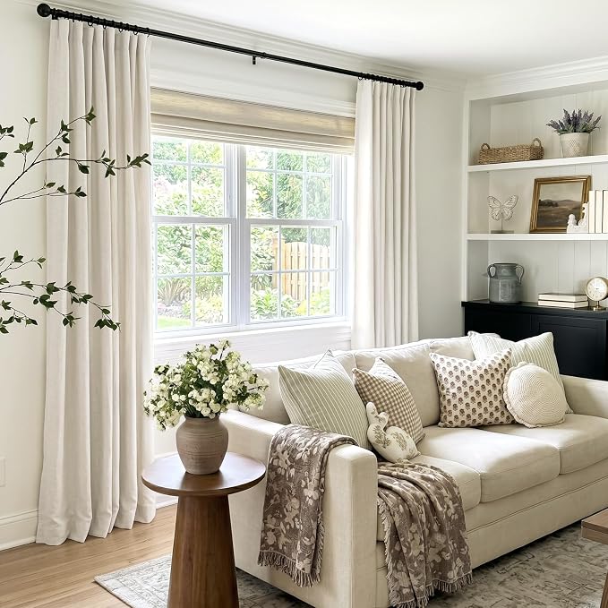 INOVADAY 100% Blackout Curtains for Bedroom, Beige White Black Out Curtains 90 Inch Long, Clip Rings Linen Blackout Drapes, Thermal Insulated Room Darkening for Living Room, 2 Panels - W50xL90