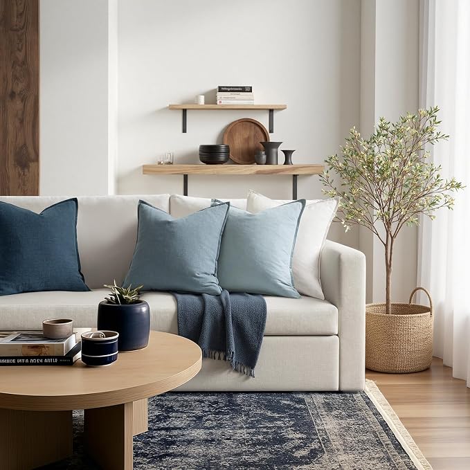 MIULEE Blue Boho Linen Decorative Pillow Covers 20x20 Inch Pack of 4 | Natural Throw Pillow Covers Soft Farmhouse Couch Pillowcases Modern Home Coastal Decor for Living Room Bed Sofa