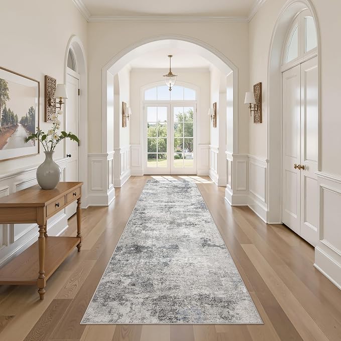 DMOYEST 3x10 Washable Runner Rug, Non Slip Low Pile Carpet Runner for Hallway and Entryway, Kid & Pet Friendly Abstract Modern Area Rug for Kitchen and Dining Room - Grey Blue