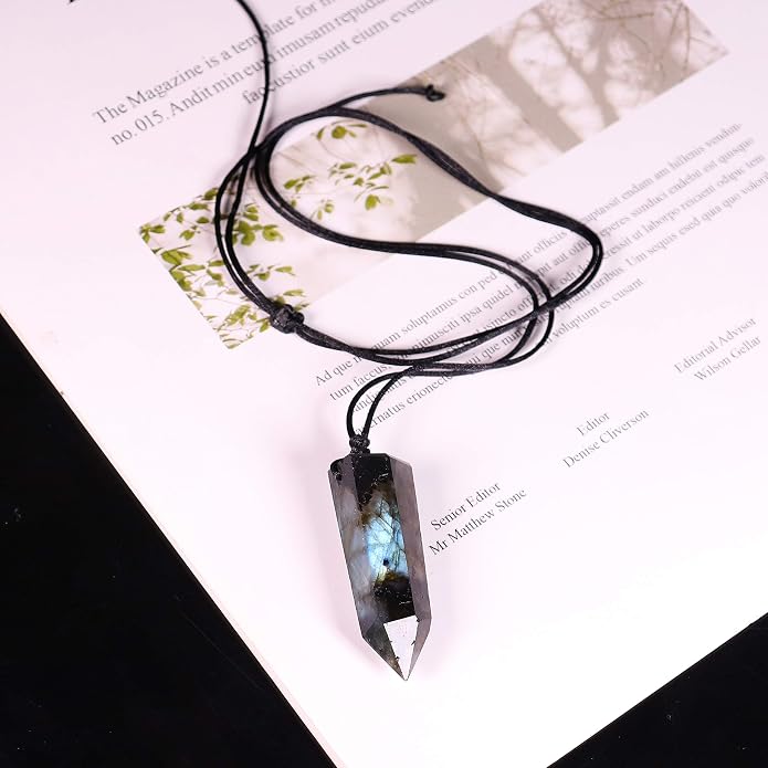 Runyangshi Healing Crystal Pendants, Single Pointed Natural Crystal Quartz Necklace 6 Faceted Chakra Crystal Wand Stone Reiki Energy