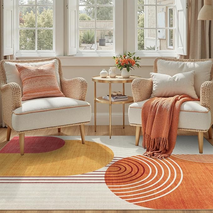 DCX Abstract Machine Washable 6x9 Rug, Mid Century Modern Rug for Living Room, Soft Low Pile Non Slip Carpet, Kid & Pet Friendly Stain Resistant Rug for Bedroom Dining Room Office, Orange & Yellow