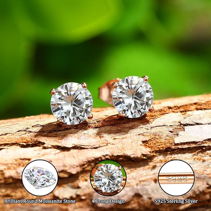Moissanite Stud Earrings : 18K White Gold Plated Solid 925 Sterling Silver Earring Hypoallergenic Dainty Flat Back Stud Earrings Jewelry for Women Men D Color VVS1 Clarity