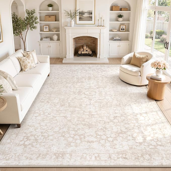 8x10 Area Rugs for Living Room: Boho Vintage Washable Rug Non-Slip Soft Stain Repellent Area Rugs Indoor Low-Pile Large Carpet for Bedroom Office Dining Room Playroom Farmhouse (Beige, 8'x10')