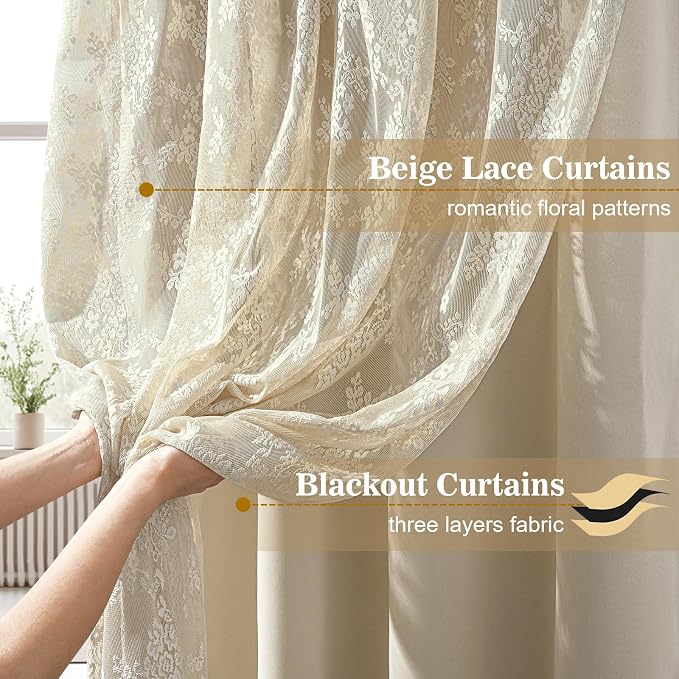 Yinhua Double Layer Kitchen Curtains 36 Inch Length Beige Blackout Curtains for Kitchen Rod Pocket Short Curtain for Windows, Small Window Curtain for Bathroom, Living Room, 2 Panels