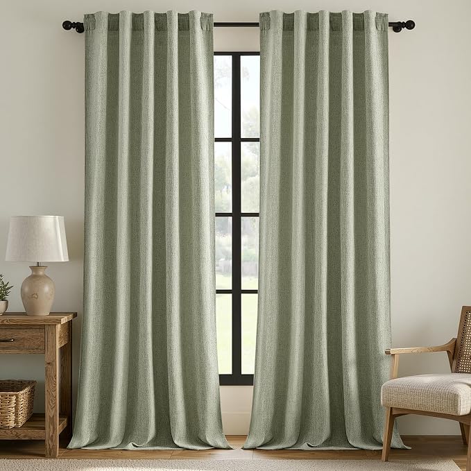 MIULEE Thick Linen Curtains, 42Wx90L, Sage Green Semi Sheer Linen Textured | Light Filtering Window Privacy Drapes with Back Tab Rod Pocket for Farmhouse/Living Room/Bedroom, Set of 2