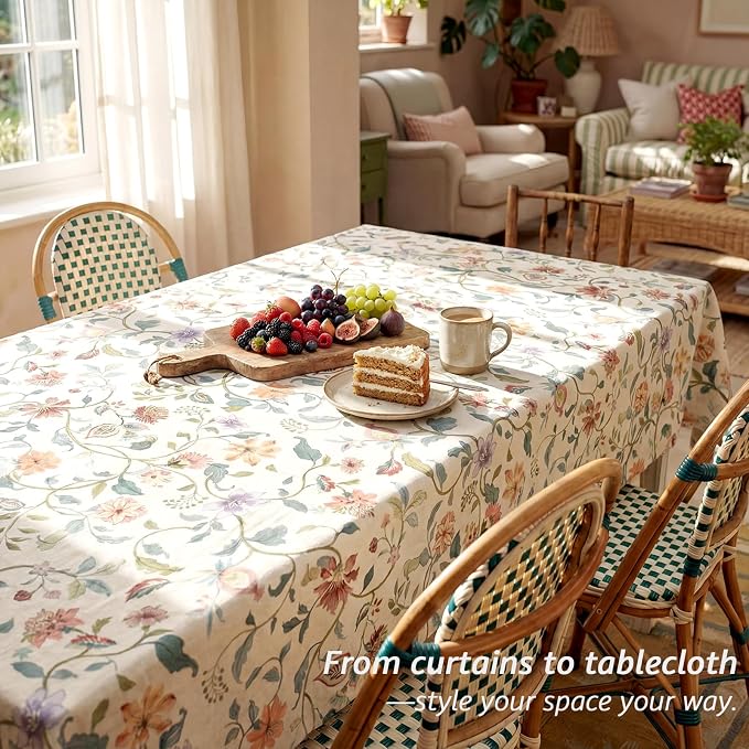 jinchan Beige Floral Linen Curtains 108 Inch Vintage Back Tab 2 Panels | Farmhouse, cottage core, light filtering, semi sheer, privacy, living room, bedroom, flower, rod pocket, window treatment