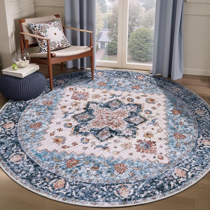 SERISSA Boho Round Area Rug, 6ft Washable Non-Slip Circle Rug, Ultra Soft Oriental Vintage Blue Orange Low-Pile Circular Carpet for Bedroom Entryway Kids Room Office College Dorm Living Room
