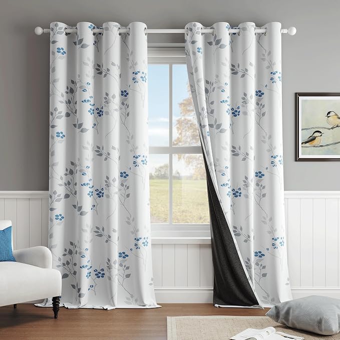 Beauoop Floral 100% Blackout Curtains for Bedroom Blue Grey 52X108 2 Panels | Flower Patterned Blue White Room Darkening Drapes for Living Room Thermal Insulated Soundproof Window treatment Grommet