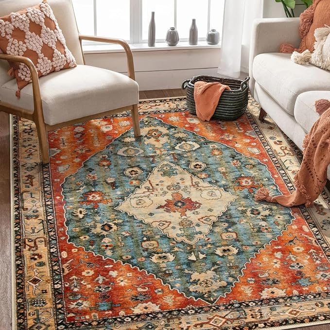 SERISSA Area Rug 3x5 Boho Tribal Rugs for Bedroom, Washable Kitchen Rugs Non-Slip, Ultra Soft Print Distressed Vintage Entry Rug Low-Pile Throw Rug Carpet for Nursery Living Room Dorm Decor