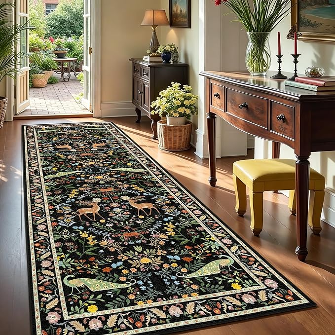 2x6 Black Bathroom Rugs - Washable Floral Runners for Kitchen Floor, Hallway, Low Pile & Soft Non Slip Bedroom Carpet with Rubber Backing, Dark Botanical & Animal Decor